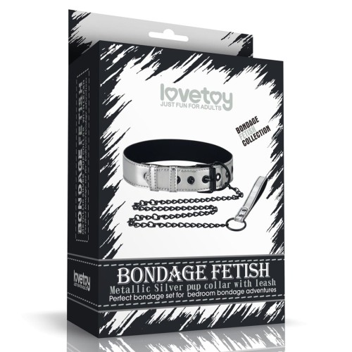 Lovetoy FETISH METALLIC PUP COLLAR WITH LEASH  srebrna obroża ze smyczą BDSM
